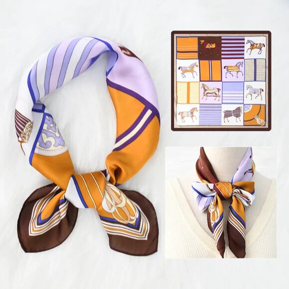 2/$30 Vibrant Equestrian Silk Satin Scarf Horses Large Square Head Scarf Bandana - Picture 1 of 6